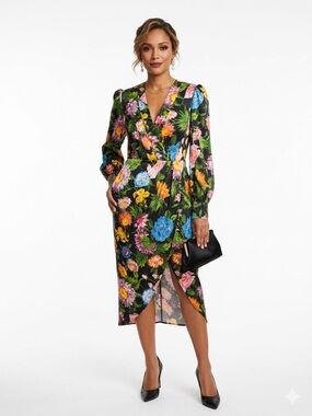 Ronny Kobo Floral Midi Dress Black Multicolor Long Sleeve Wrap Style NWT
